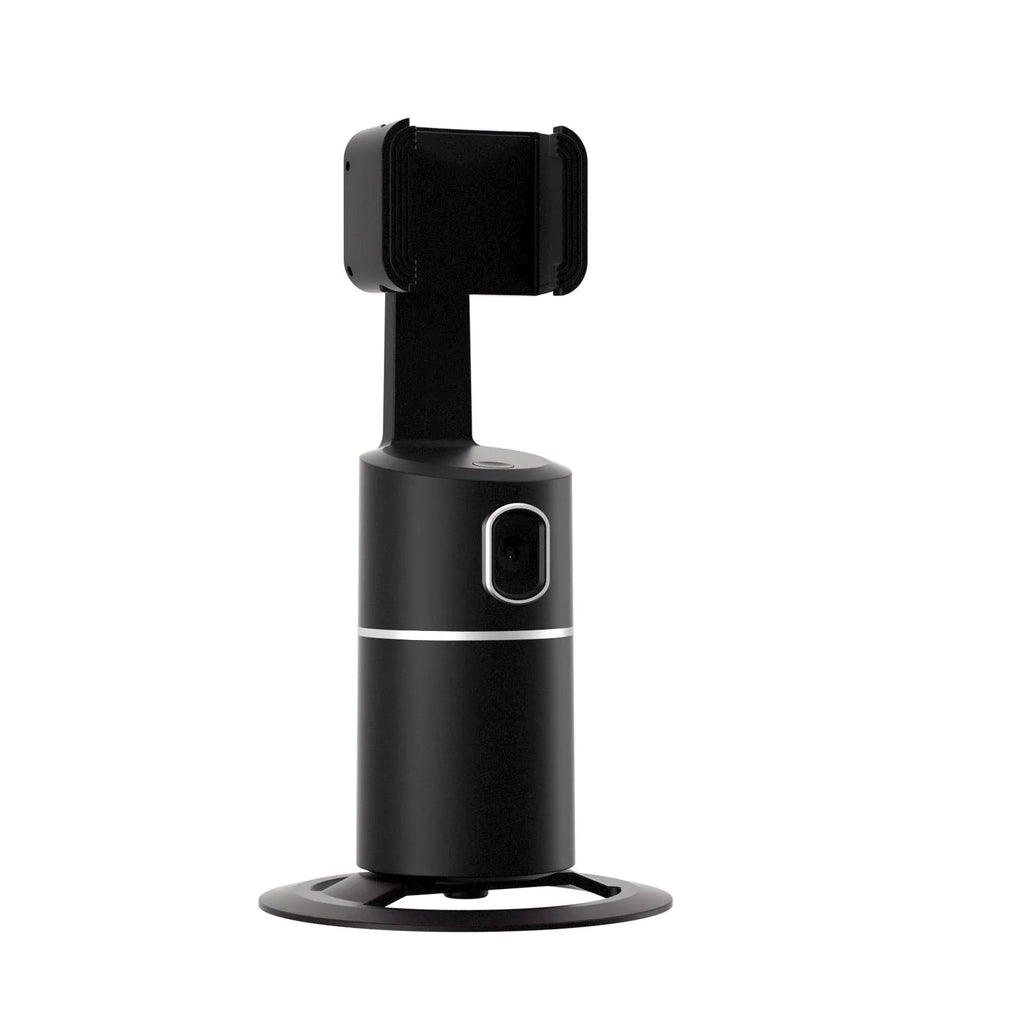 Black smartphone tracking gimbal stabiliser showing clip and rotation mechanism.
