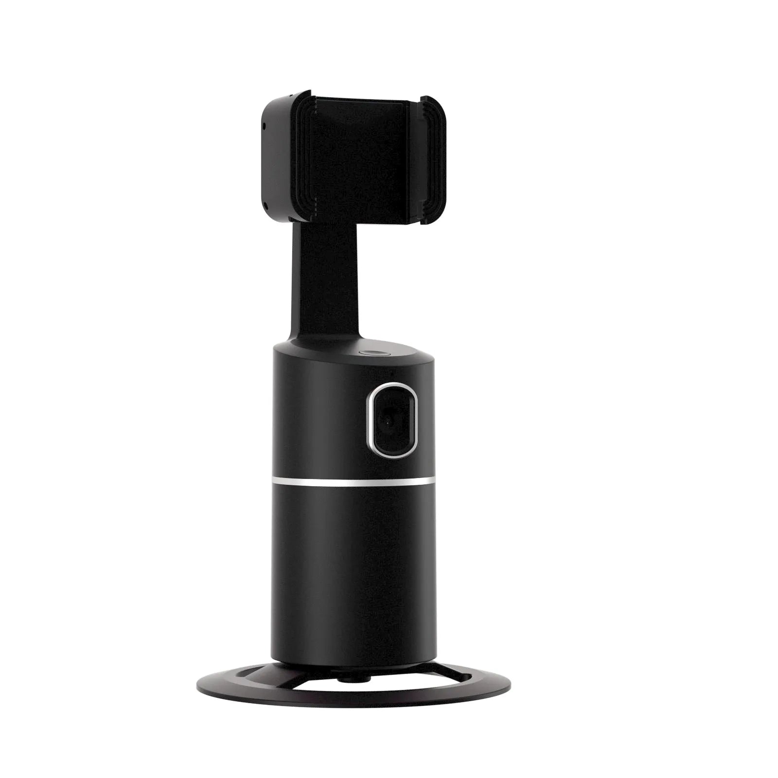 Black smartphone tracking gimbal stabiliser showing clip and rotation mechanism.
