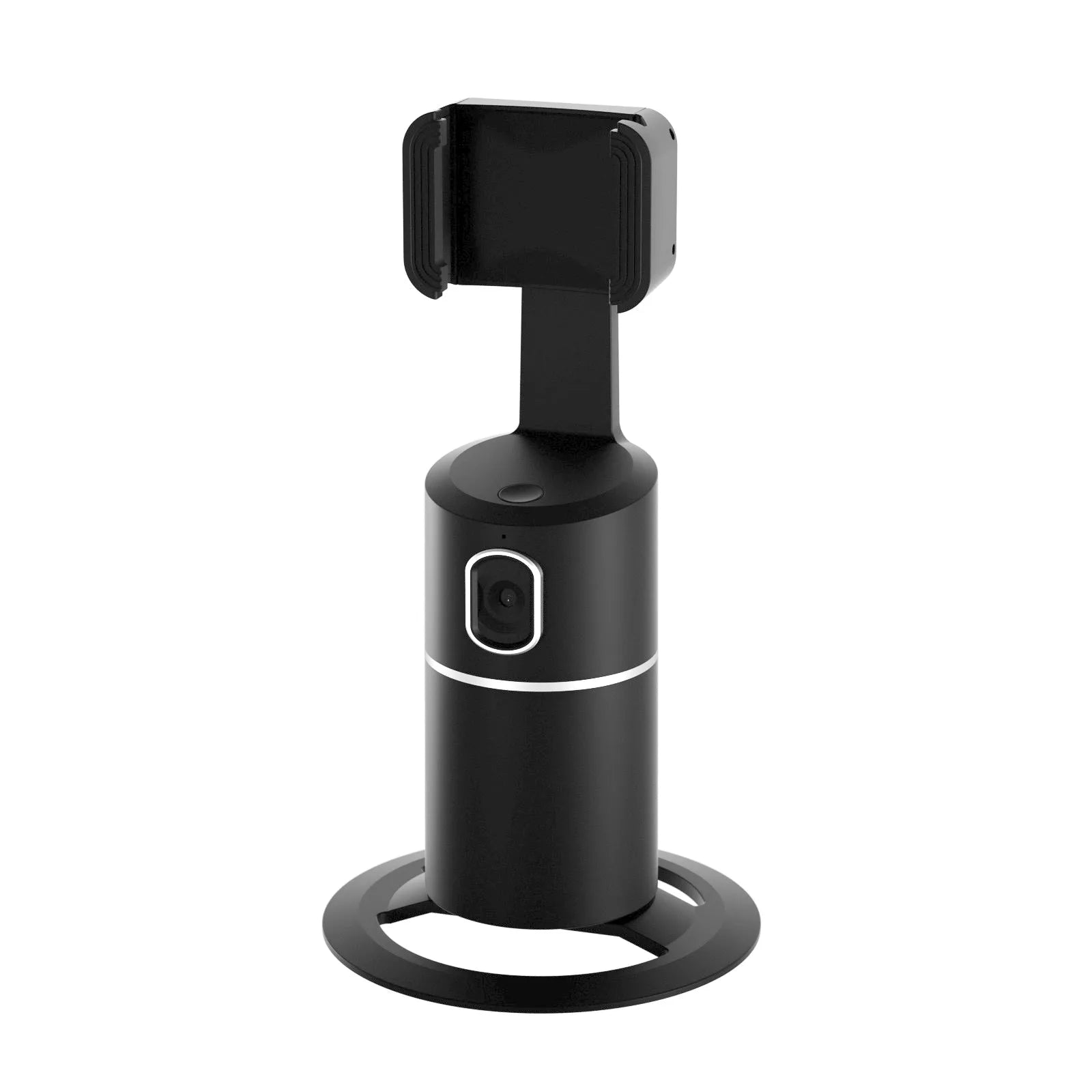 Black smartphone tracking gimbal stabiliser showing clip and rotation mechanism.