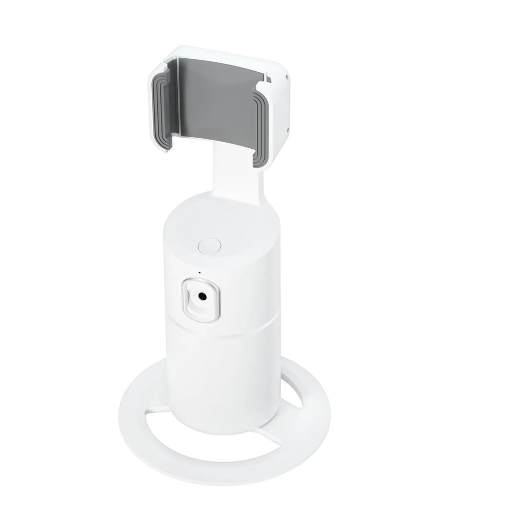 Black smartphone tracking gimbal stabiliser showing clip and rotation mechanism.