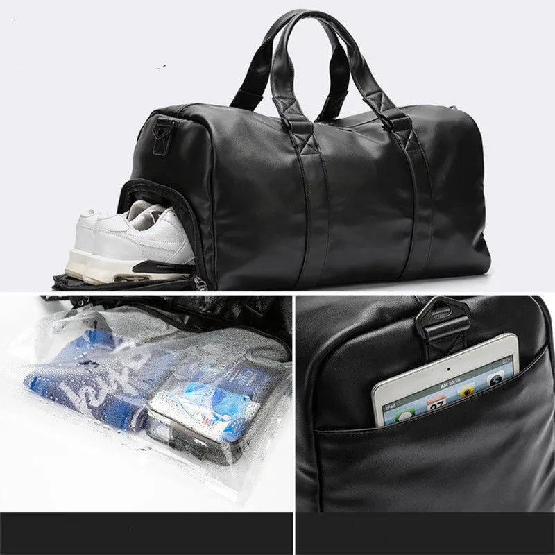 Large black PU leather sports training bag with zipper opening and single strap, showing internal organiser pockets.