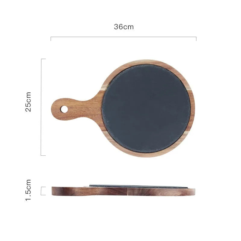 Black wooden pizza dish made from acacia wood and stone, multi-colour sets, on a table