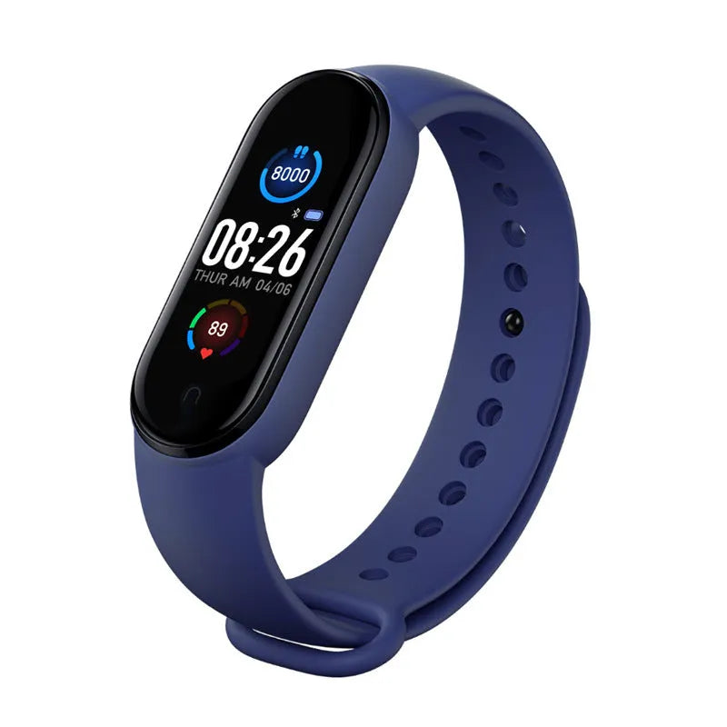 M5 smart fitness bracelet with touch screen displaying heart rate and step count metrics