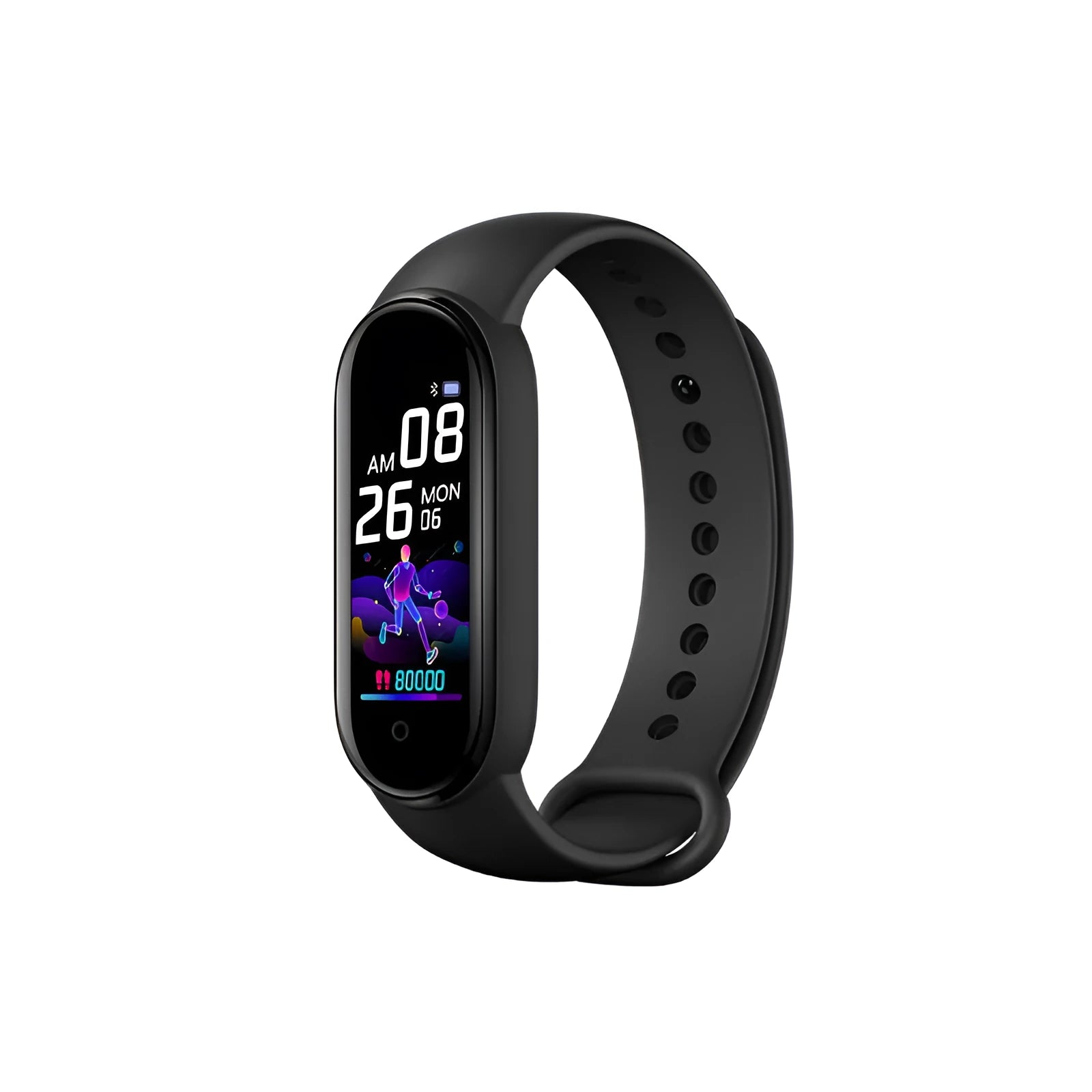 M5 smart fitness bracelet with touch screen displaying heart rate and step count metrics