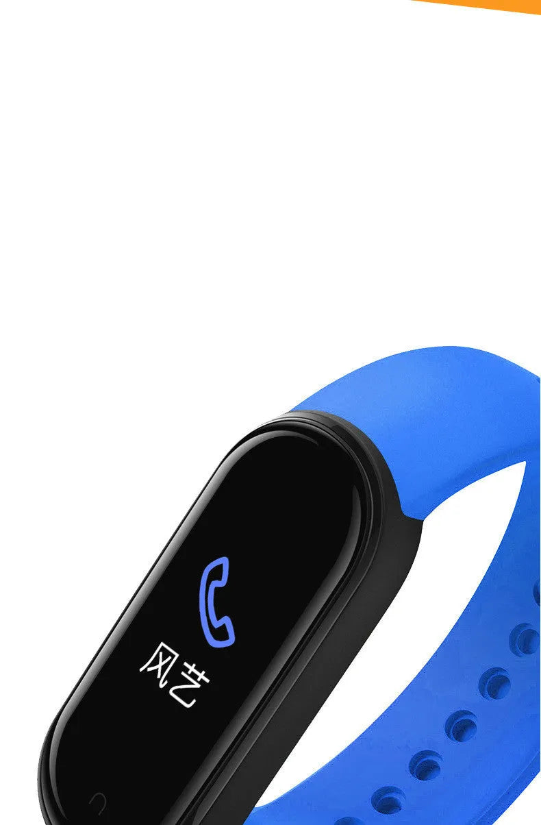 M5 smart fitness bracelet with touch screen displaying heart rate and step count metrics