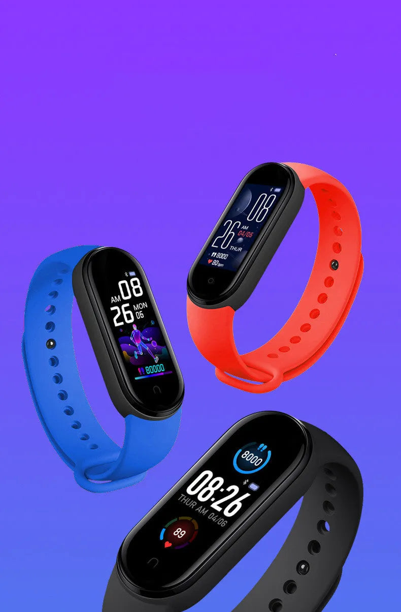 M5 smart fitness bracelet with touch screen displaying heart rate and step count metrics