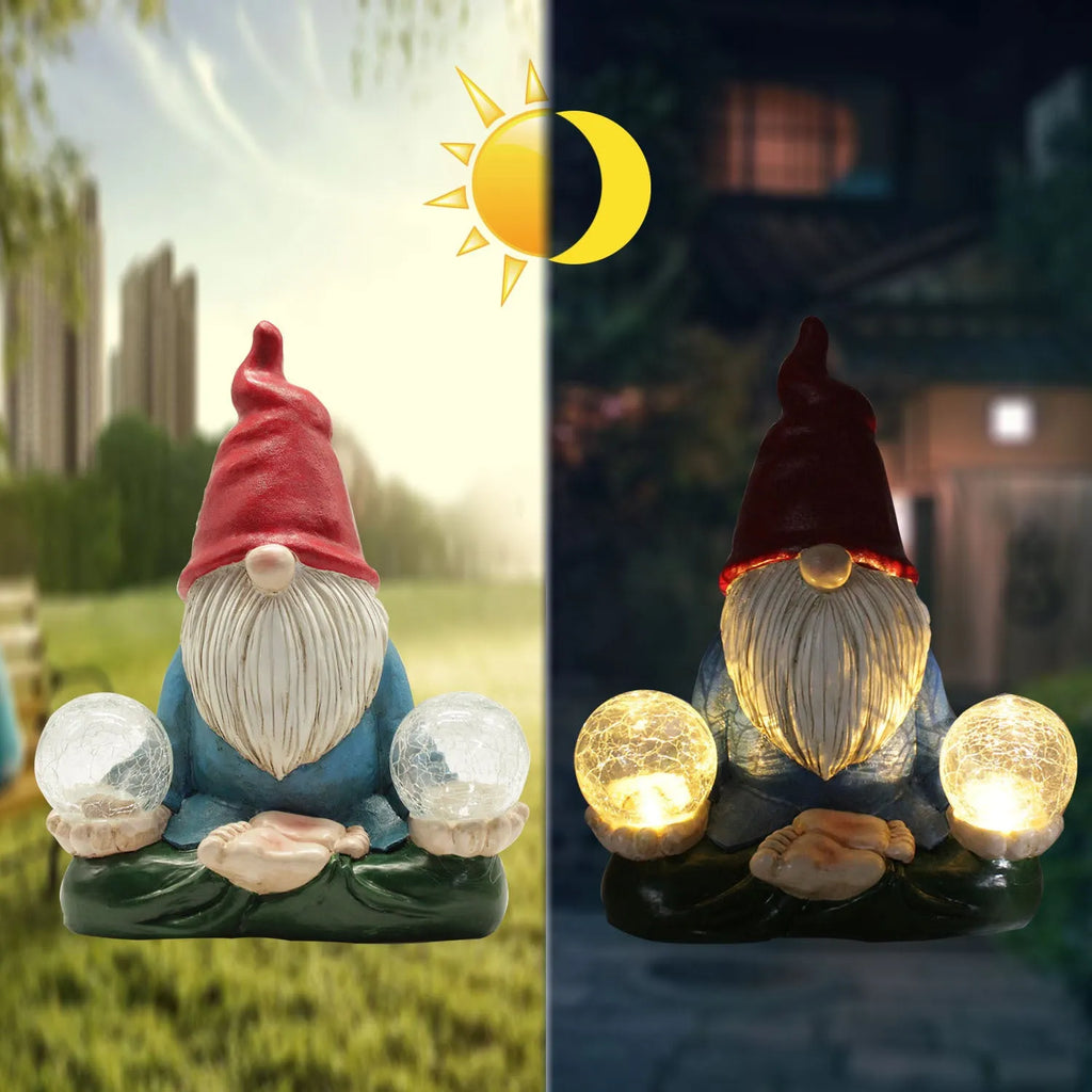 Solar LED resin dwarf doll garden ornament with 'Faceless Old Man' design on grass.