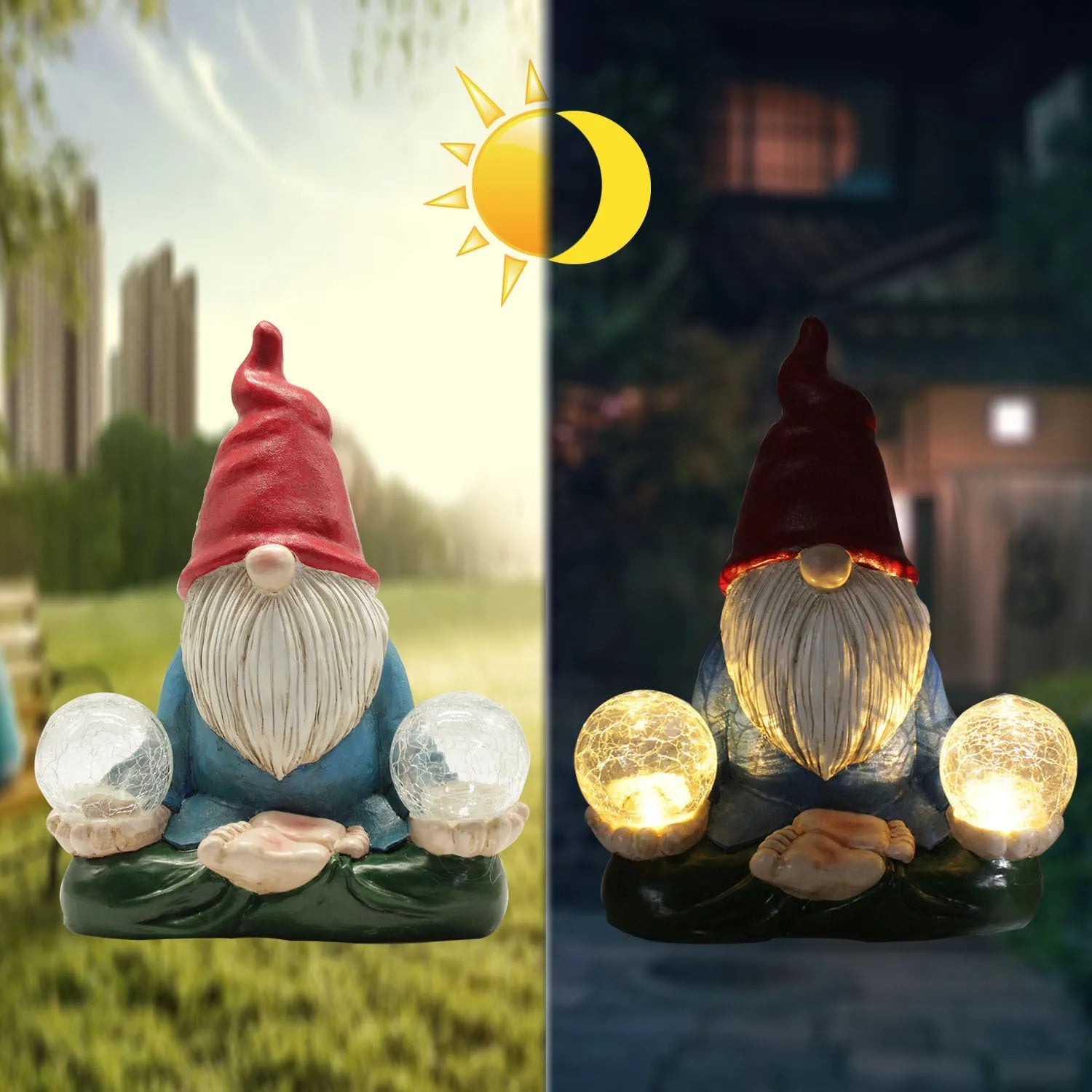 Solar LED resin dwarf doll garden ornament with 'Faceless Old Man' design on grass.