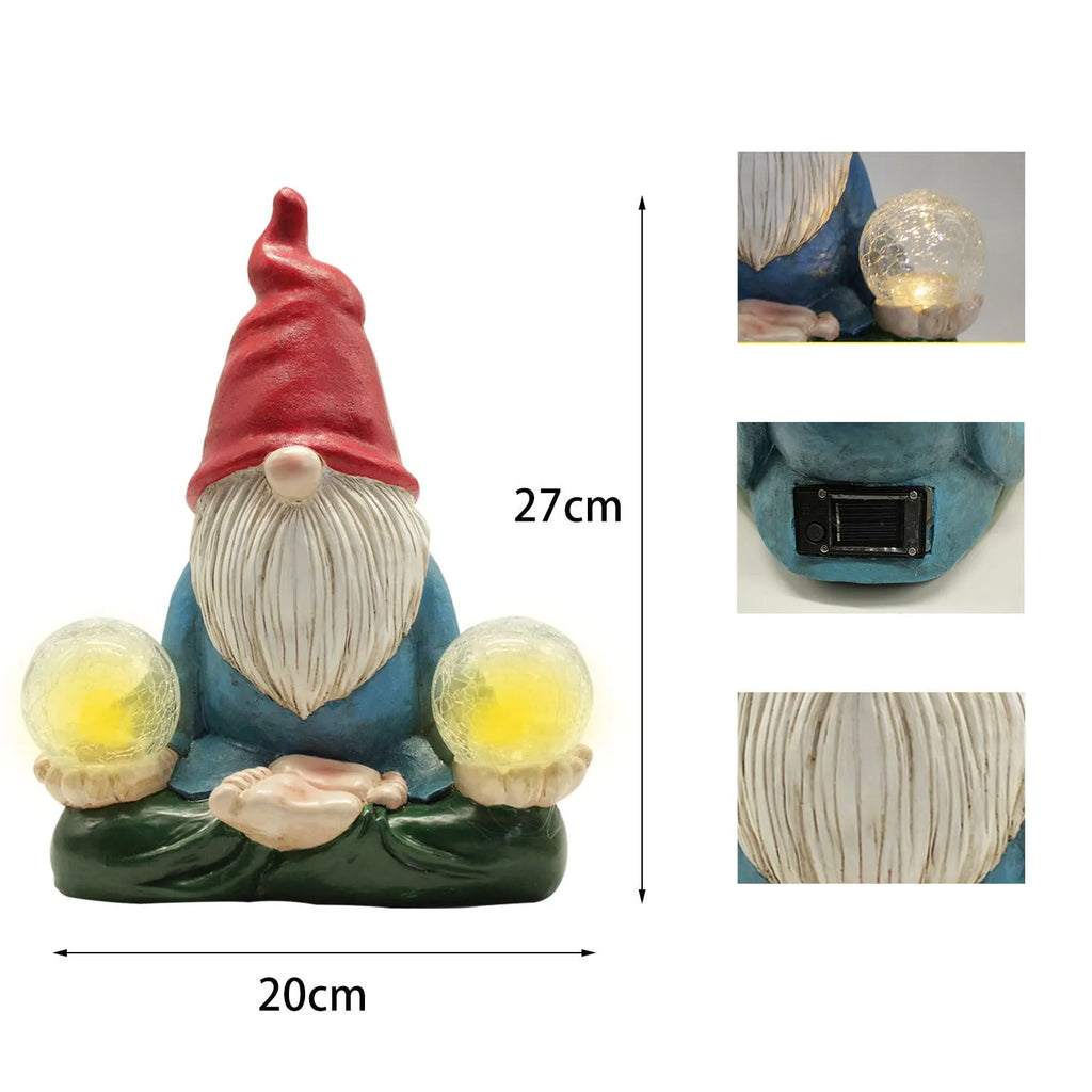 Solar LED resin dwarf doll garden ornament with 'Faceless Old Man' design on grass.