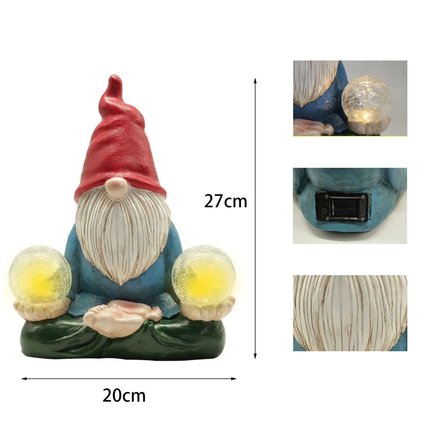 Solar LED resin dwarf doll garden ornament with 'Faceless Old Man' design on grass.