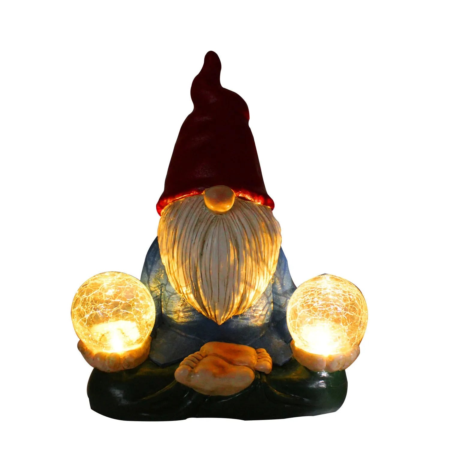 Solar LED resin dwarf doll garden ornament with 'Faceless Old Man' design on grass.