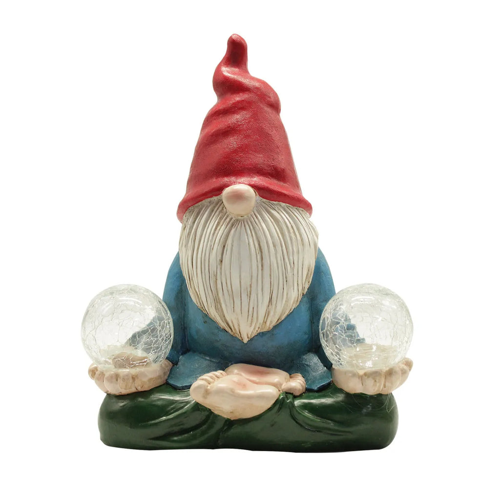 Solar LED resin dwarf doll garden ornament with 'Faceless Old Man' design on grass.