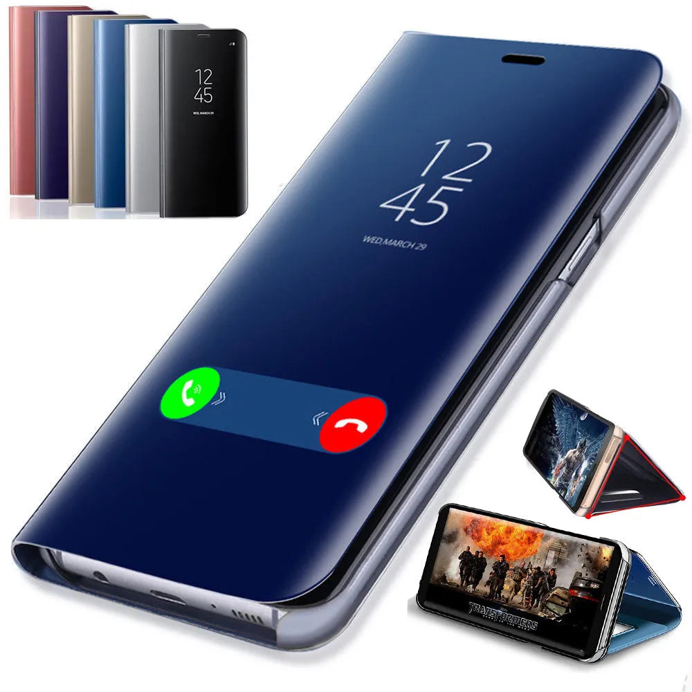 Mirror flip phone case for Samsung Galaxy with kickstand open, shown in black colour.