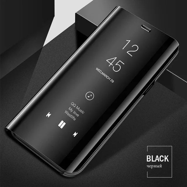 Mirror flip phone case for Samsung Galaxy with kickstand open, shown in black colour.