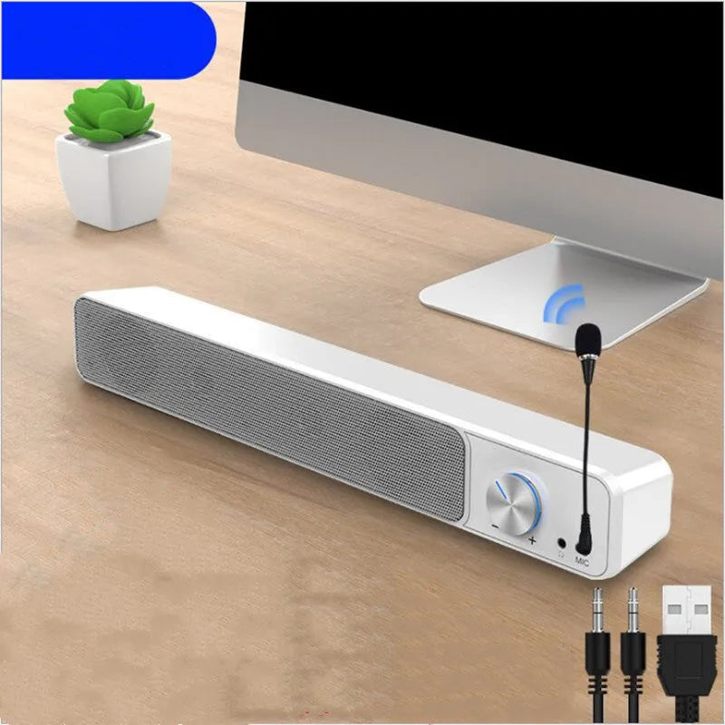 Compact black and white computer desktop speakers with USB and Bluetooth connectivity