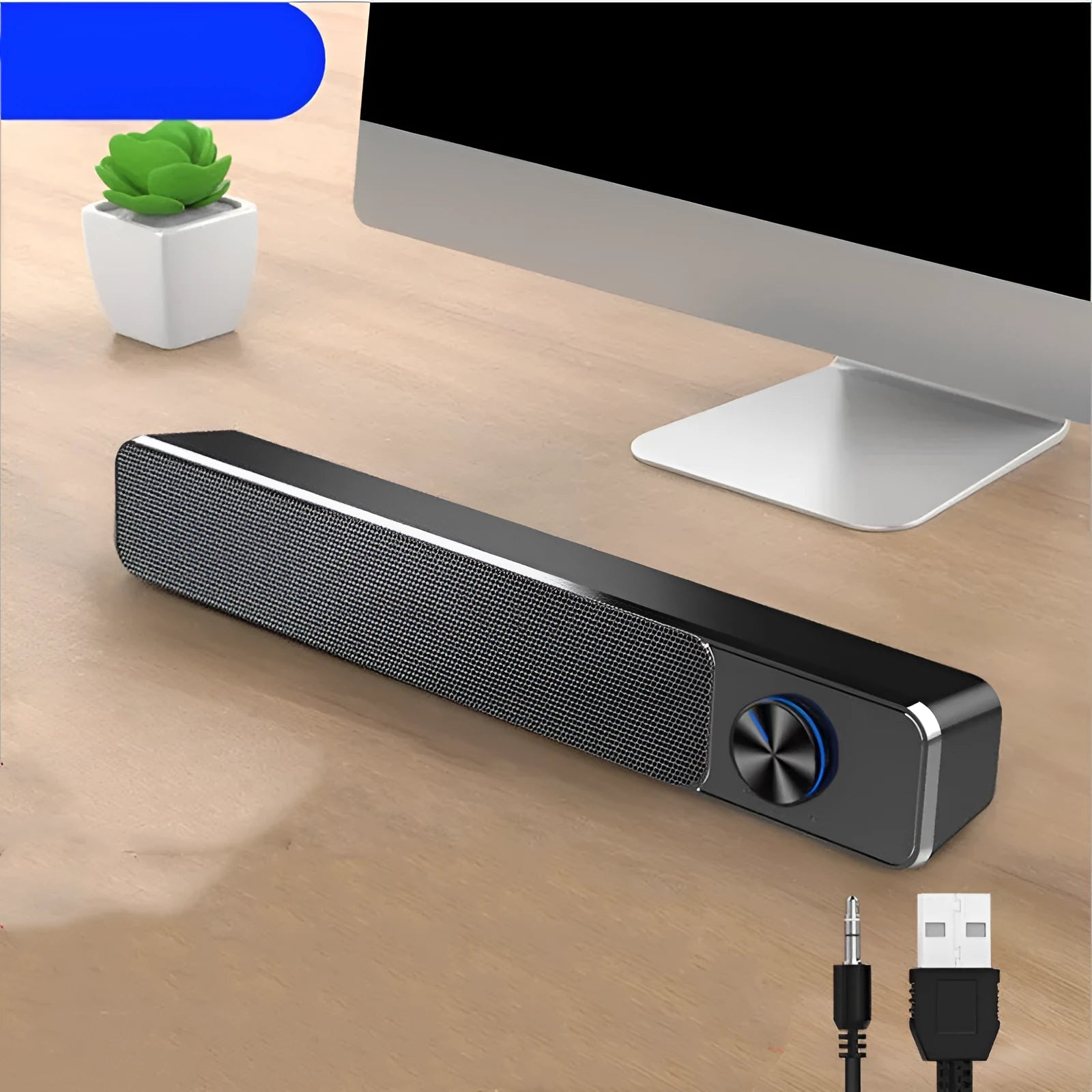 Compact black and white computer desktop speakers with USB and Bluetooth connectivity