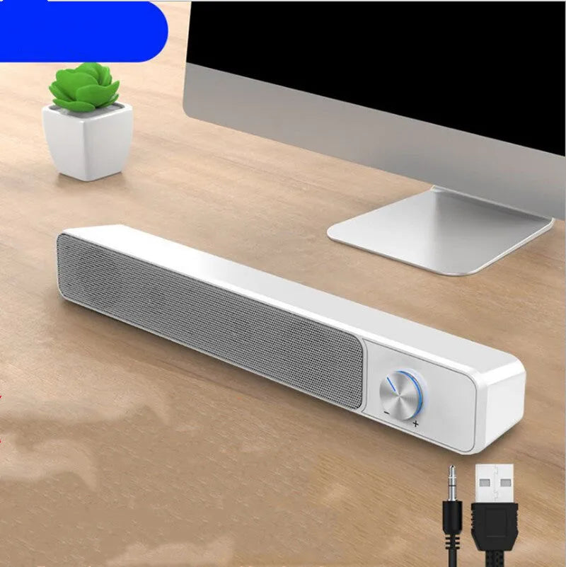 Compact black and white computer desktop speakers with USB and Bluetooth connectivity