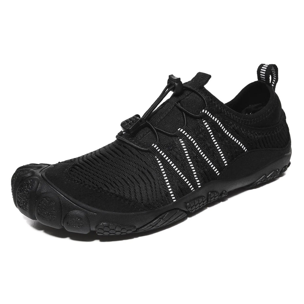 Unisex mesh river tracing shoes with rubber sole in black, grey, blue, and purple for swimming and hiking