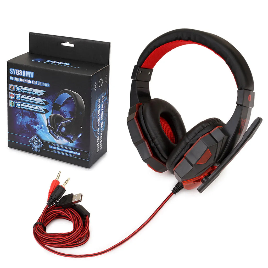 Wired gaming headset with light-up ear cups in black and red colour option with braided cable