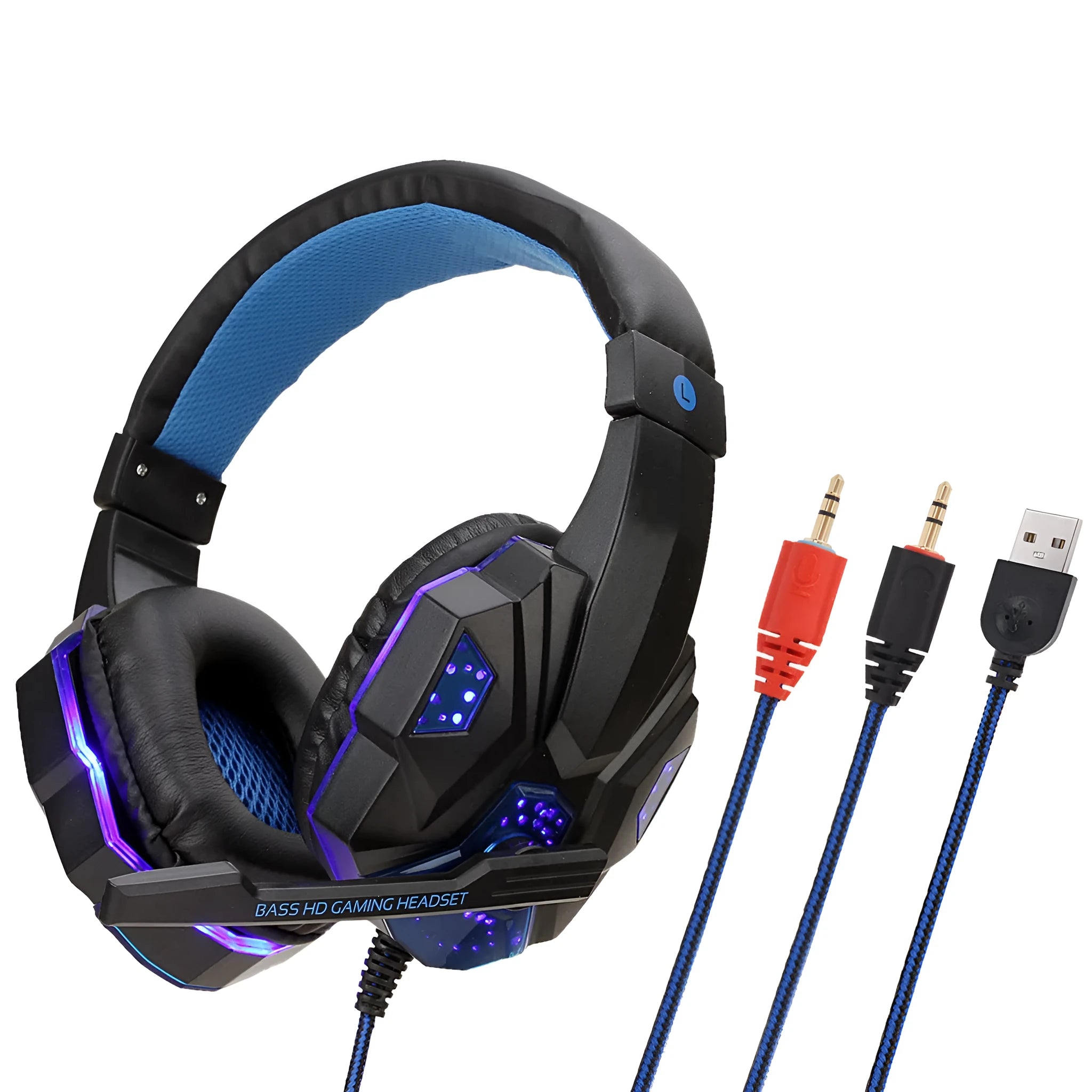 Wired gaming headset with light-up ear cups in black and red colour option with braided cable