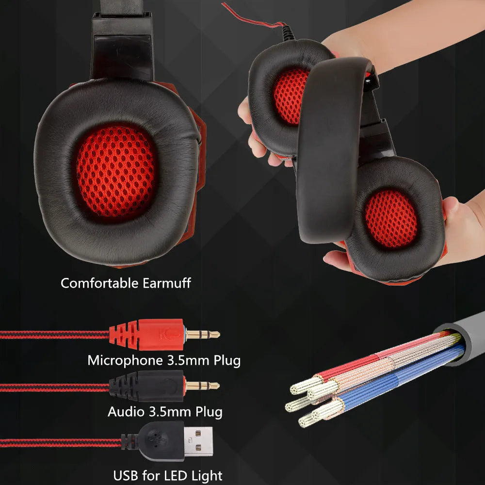 Wired gaming headset with light-up ear cups in black and red colour option with braided cable