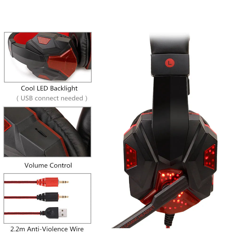 Wired gaming headset with light-up ear cups in black and red colour option with braided cable