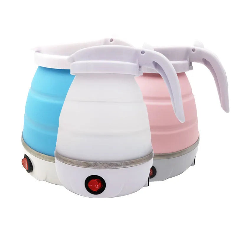 Portable foldable electric kettle in blue with 0.6L food-grade silicone body and power base