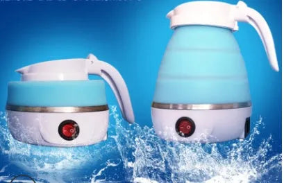 Portable foldable electric kettle in blue with 0.6L food-grade silicone body and power base