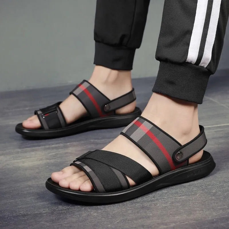 Youth leisure sports sandals with blue Lycra upper and polyurethane sole on a size conversion chart background.
