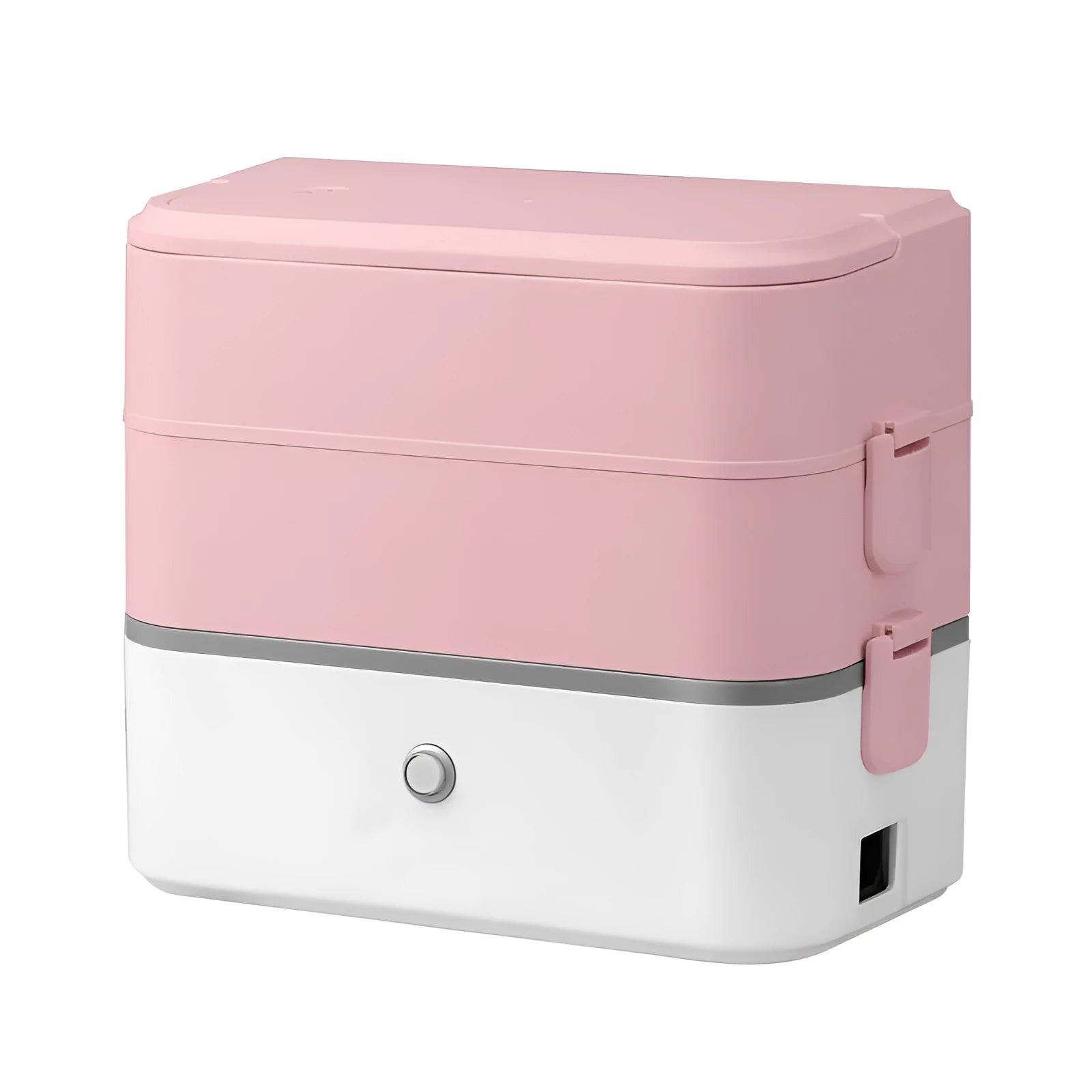 Pink and white portable electric lunch box with push buttons and stainless steel interior.