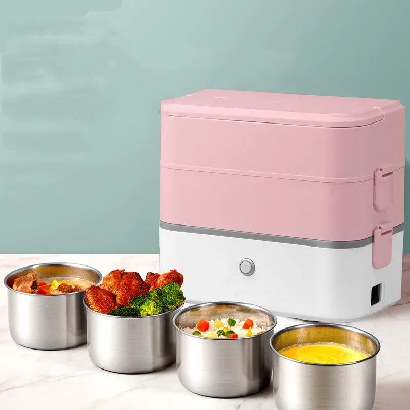 Pink and white portable electric lunch box with push buttons and stainless steel interior.