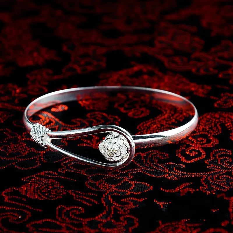 Simple silver rose flower bracelet for women, copper with electroplated finish, Korean style floral design