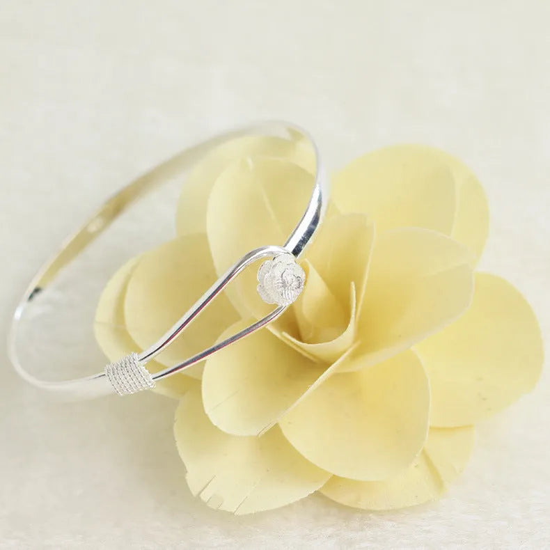 Simple silver rose flower bracelet for women, copper with electroplated finish, Korean style floral design