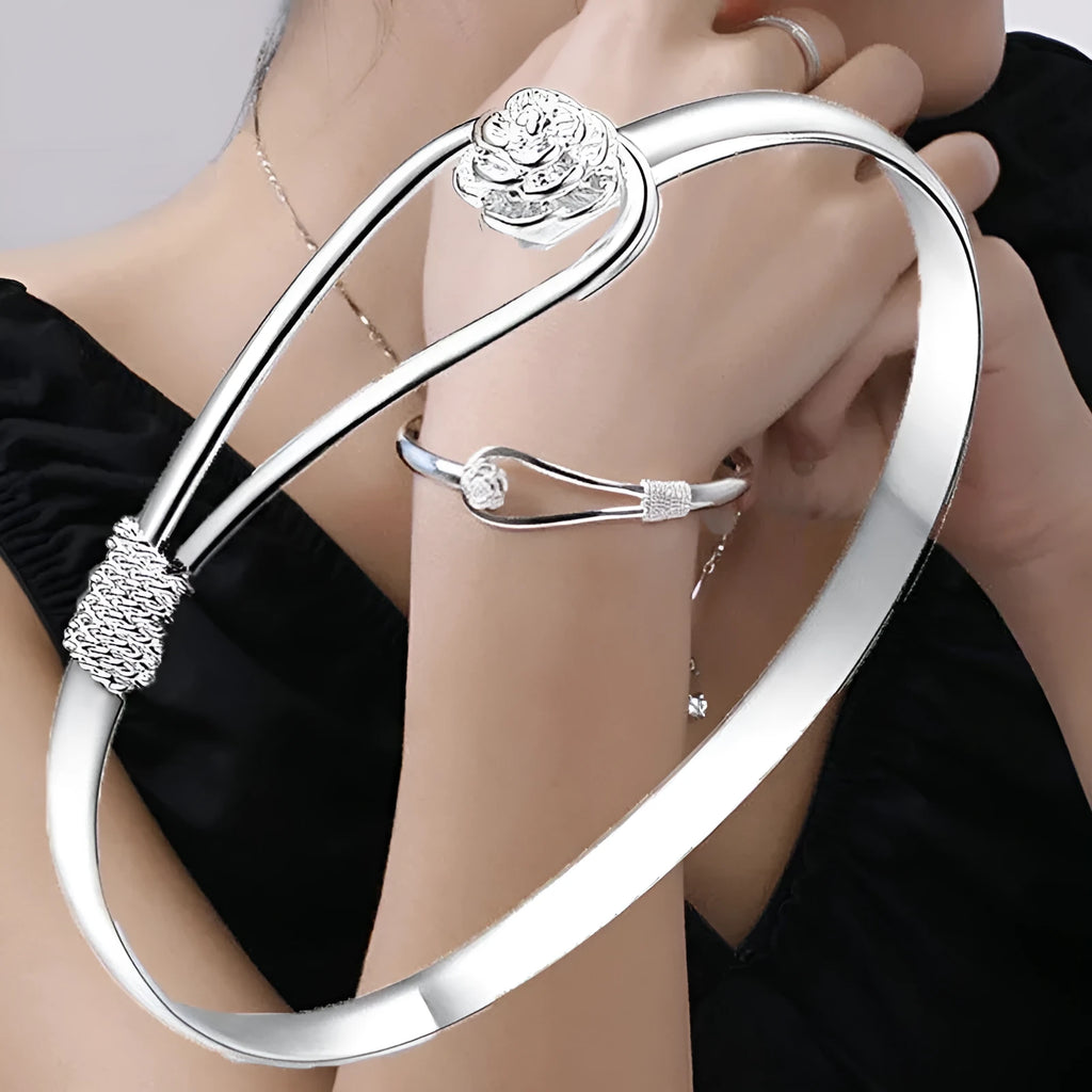 Simple silver rose flower bracelet for women, copper with electroplated finish, Korean style floral design