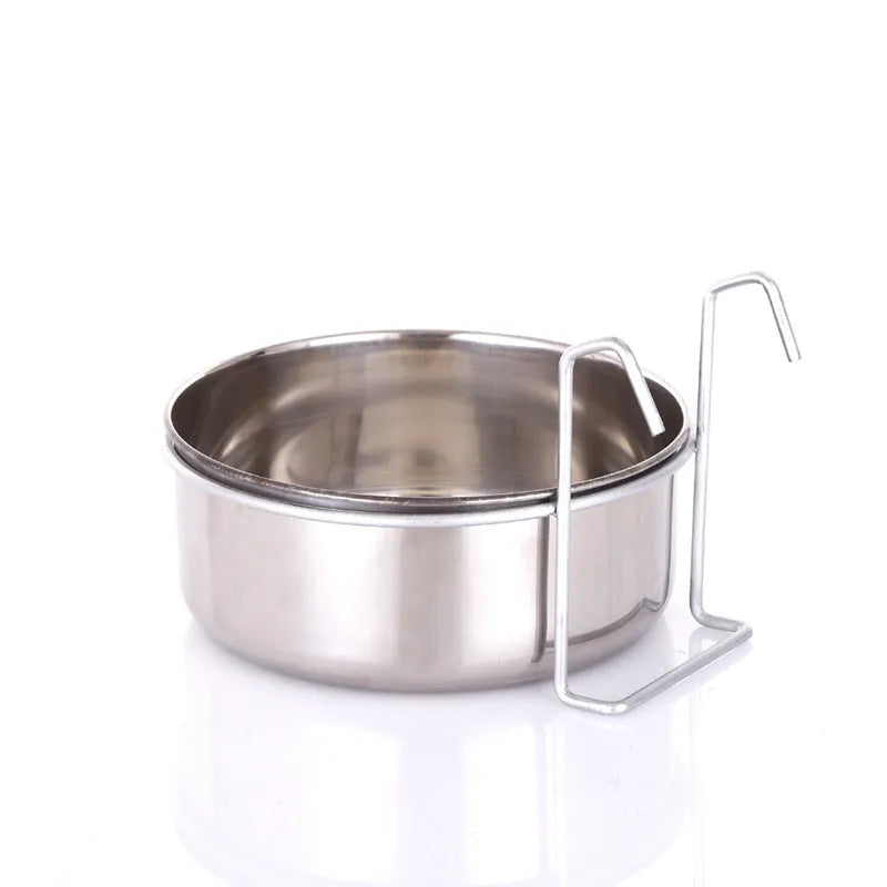 Set of six stainless steel pet food bowls with frame, sizes 10cm to 20cm, on floor