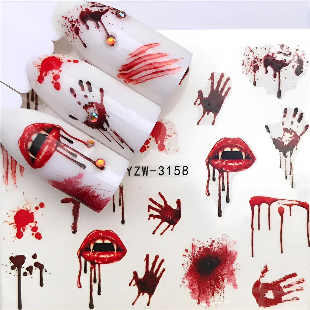 Horror Halloween nail sticker sheet with maple leaf and seahorse designs, six style options, colourful water decals