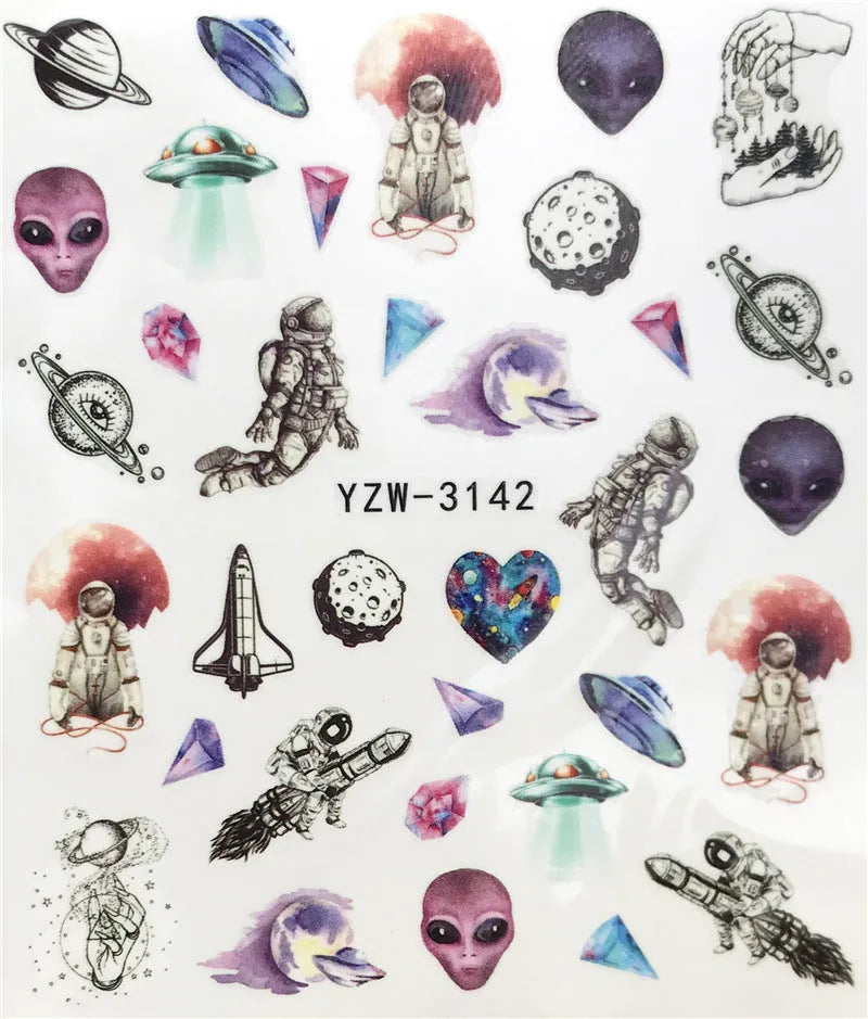 Horror Halloween nail sticker sheet with maple leaf and seahorse designs, six style options, colourful water decals