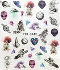 Horror Halloween nail sticker sheet with maple leaf and seahorse designs, six style options, colourful water decals