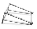 Silver aluminium laptop stand with tablet storage slot underneath, holding a MacBook and an iPad on a desk