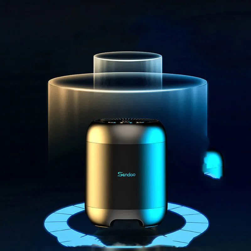 Compact black or white wireless Bluetooth speaker with card reader slot and USB port.