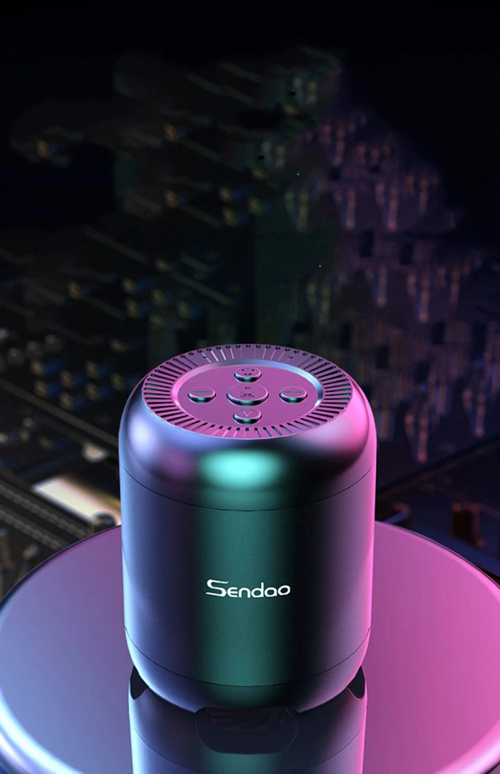 Compact black or white wireless Bluetooth speaker with card reader slot and USB port.