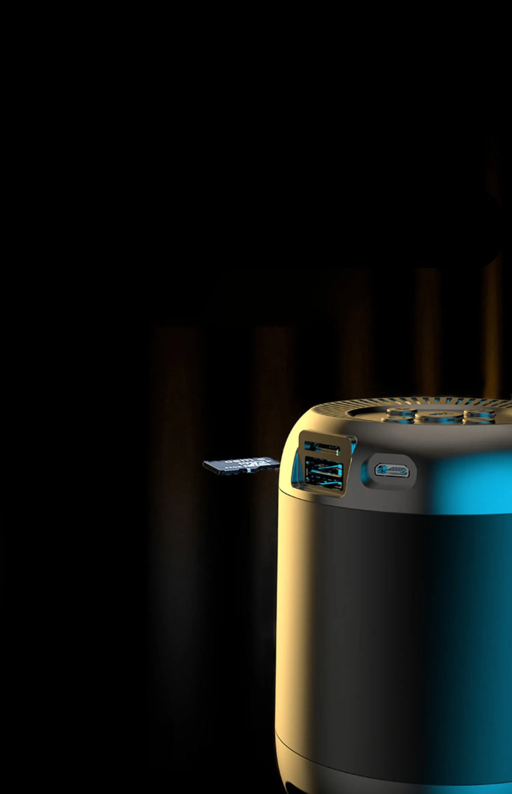 Compact black or white wireless Bluetooth speaker with card reader slot and USB port.