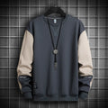Loose long-sleeved round neck polyester colour block sweater in black, grey blue, khaki, and white