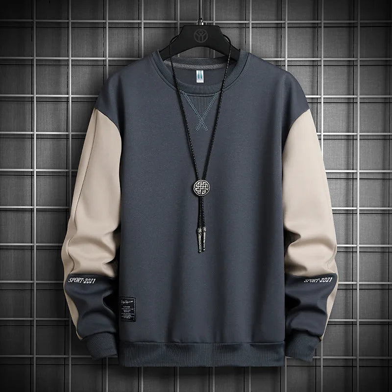 Loose long-sleeved round neck polyester colour block sweater in black, grey blue, khaki, and white