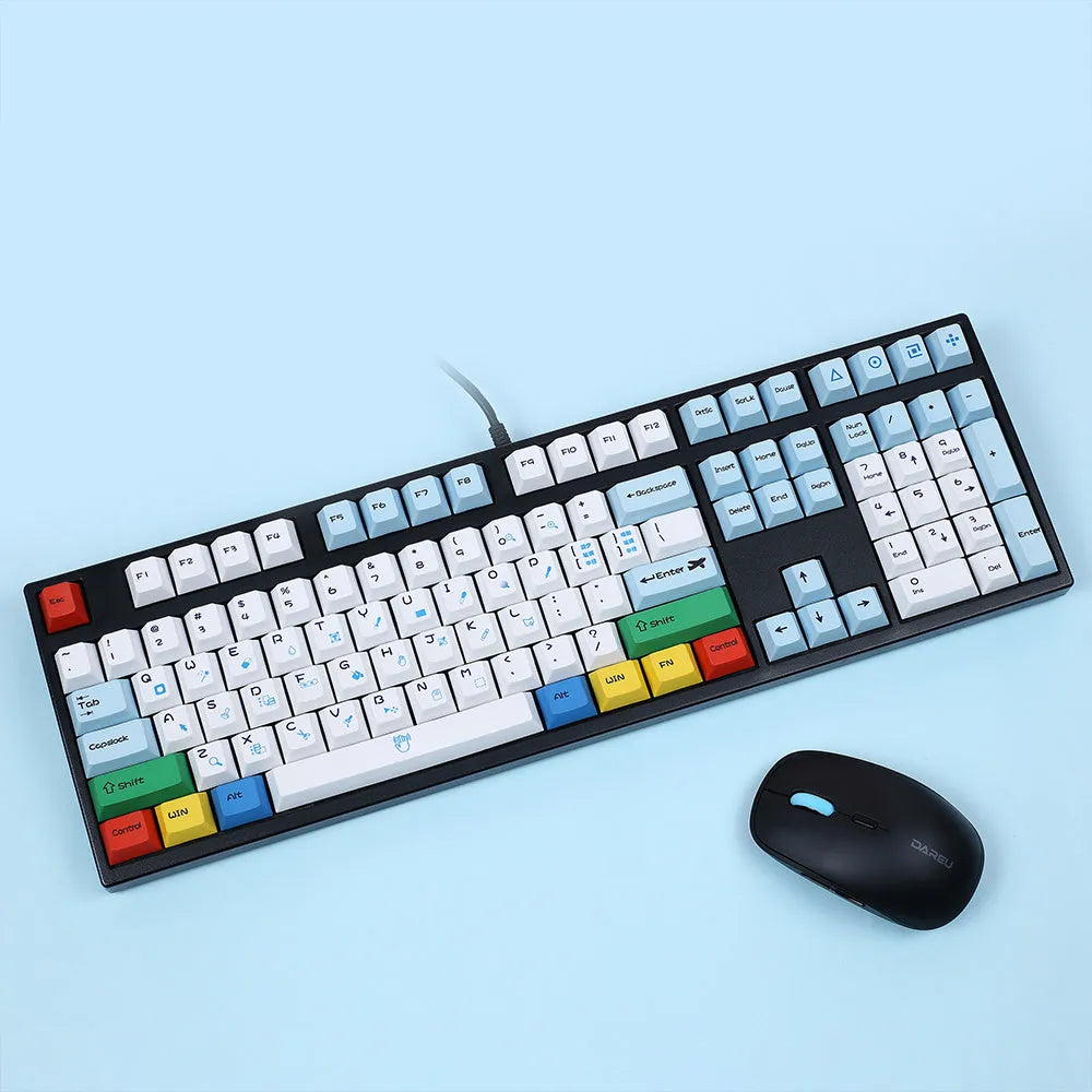 PlayStation-themed mechanical keyboard keycaps in blue and white or grey and white colour schemes