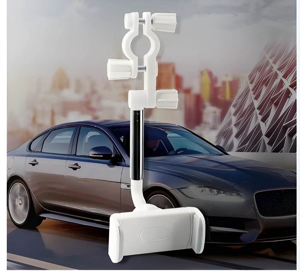 Black car phone holder snapped onto rearview mirror with cylindrical support frame, ABS plastic construction