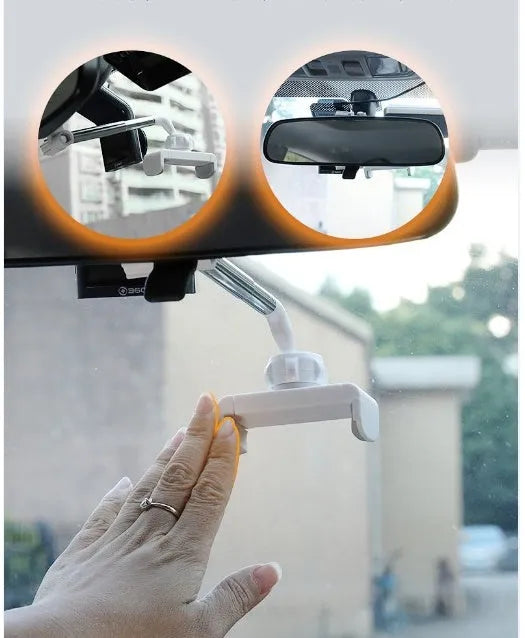 Black car phone holder snapped onto rearview mirror with cylindrical support frame, ABS plastic construction