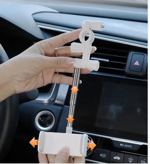 Black car phone holder snapped onto rearview mirror with cylindrical support frame, ABS plastic construction