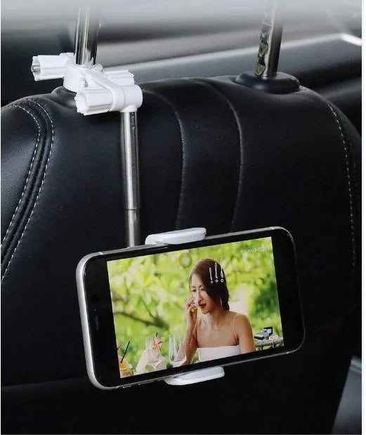 Black car phone holder snapped onto rearview mirror with cylindrical support frame, ABS plastic construction