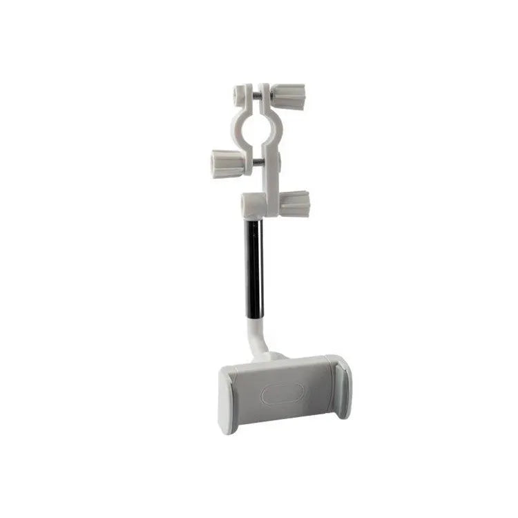 Black car phone holder snapped onto rearview mirror with cylindrical support frame, ABS plastic construction